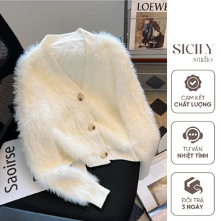 Áo cardigan len lông mềm dáng ngắn, Áo khoác len dệt kim cổ V chất dày mịn giữ ấm cơ thể lông thỏ mềm mịn, sang chảnh