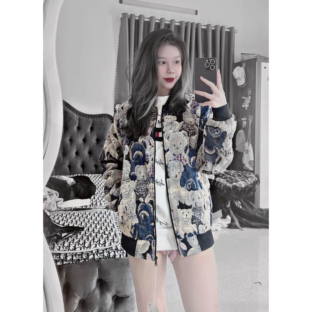 Áo Khoác Bomber Nam Nữ   Dệt Hoạ Tiết Gấu Bông  Bo Chun Dày Dặn Hot Trend Nam Nữ