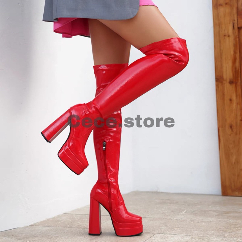 TẶNG TẤT LƯỚI-SẴN sz34->41  BOOT DA BÓNG 13,5CM ĐẾ 2 LỚP GÓT VUÔNG CÓ LÓT LÔNG CECE.STORE B2L