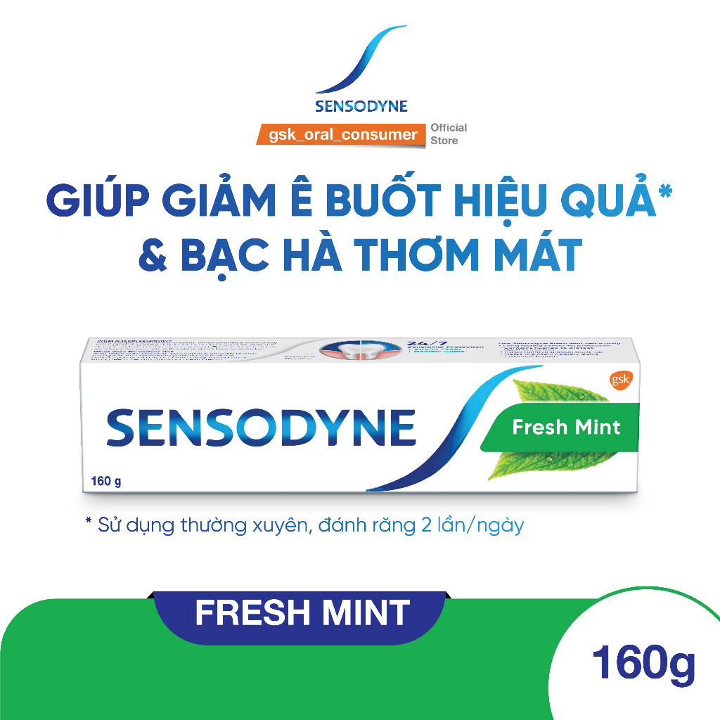 Kem đánh răng SENSODYNE Fresh Mint 160g giúp giảm ê buốt hiệu quả với hương bạc hà thơm mát