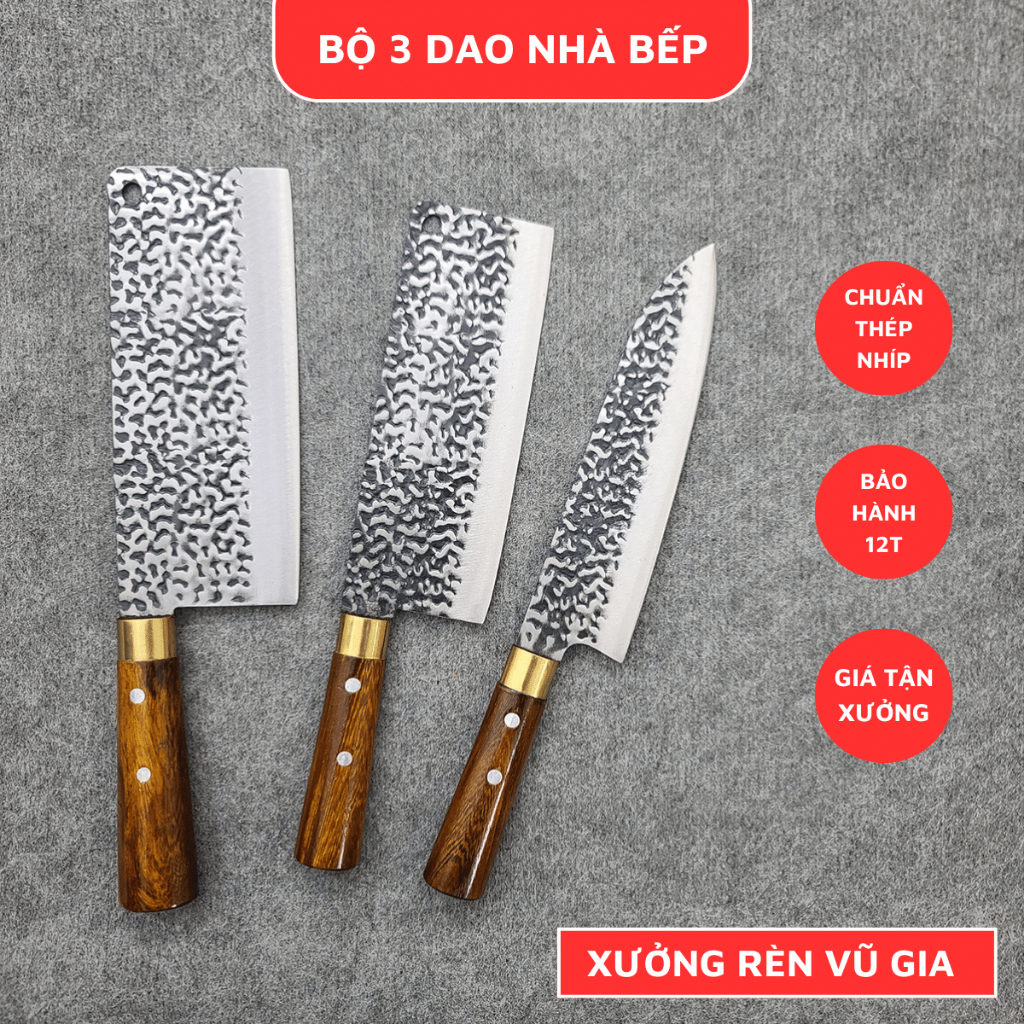 Bộ 3 Dao Nhà Bếp (Chặt Thái Lọc) Thép Nhíp Dập Vân 2 Mặt - Cán Gỗ Cẩm