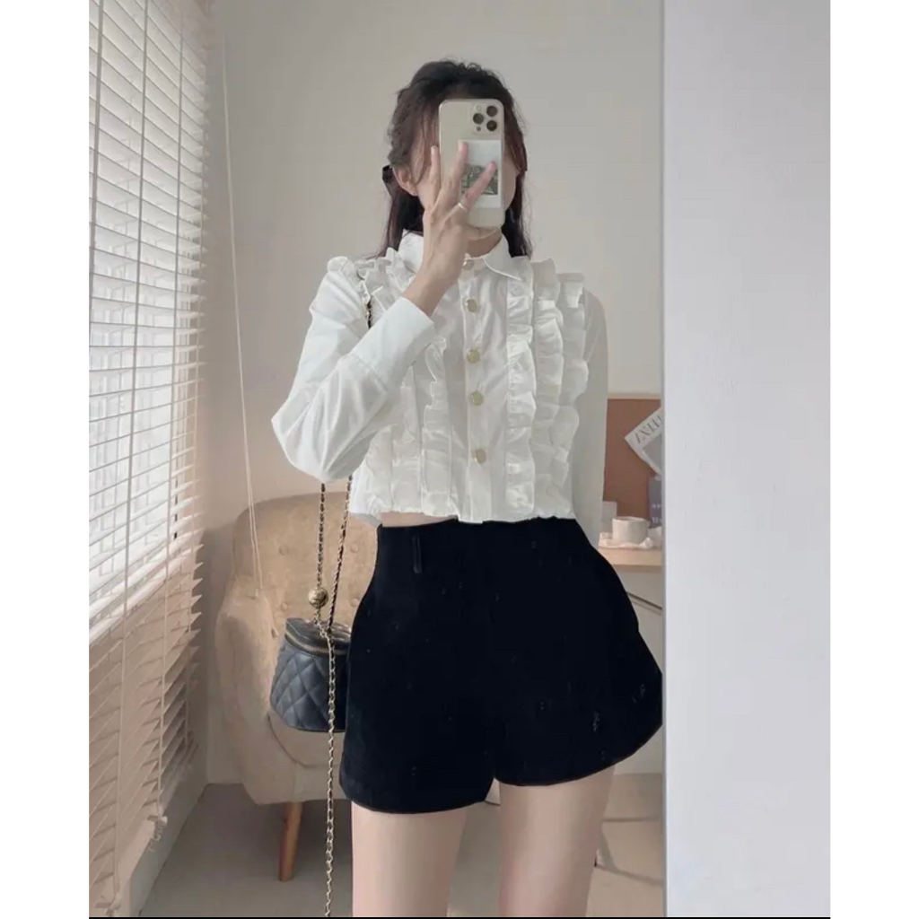 Quần short nhung cạp cao dáng xoè khoá zip Miho house