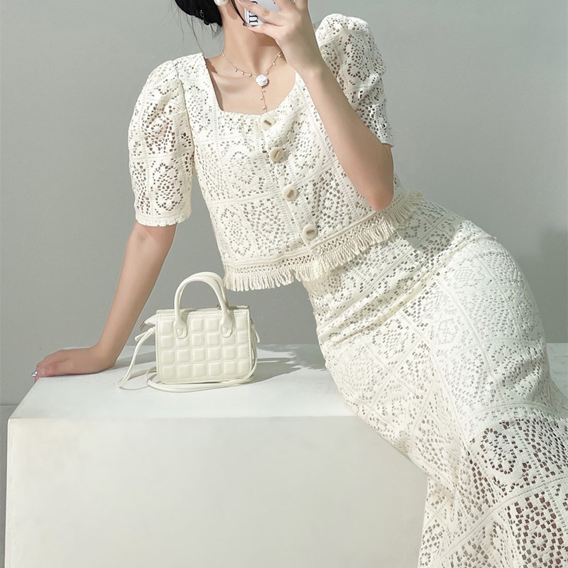 Bộ Áo Sơ Mi Cao Cấp + Chân Váy Xẻ Tà Phong Cách vintage Pháp Thời Trang nhà LEYLA