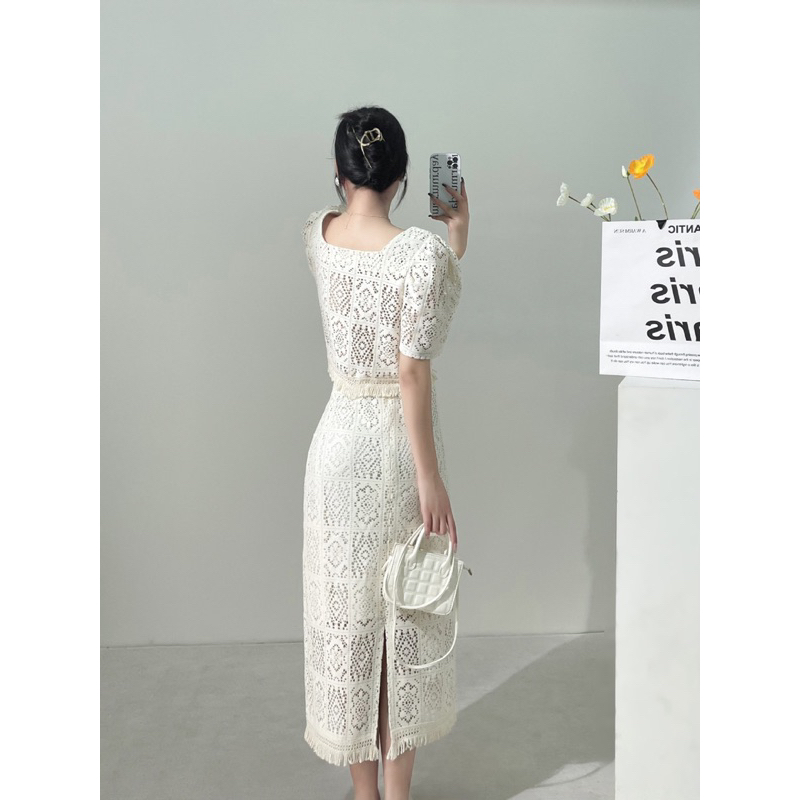 Bộ Áo Sơ Mi Cao Cấp + Chân Váy Xẻ Tà Phong Cách vintage Pháp Thời Trang nhà LEYLA