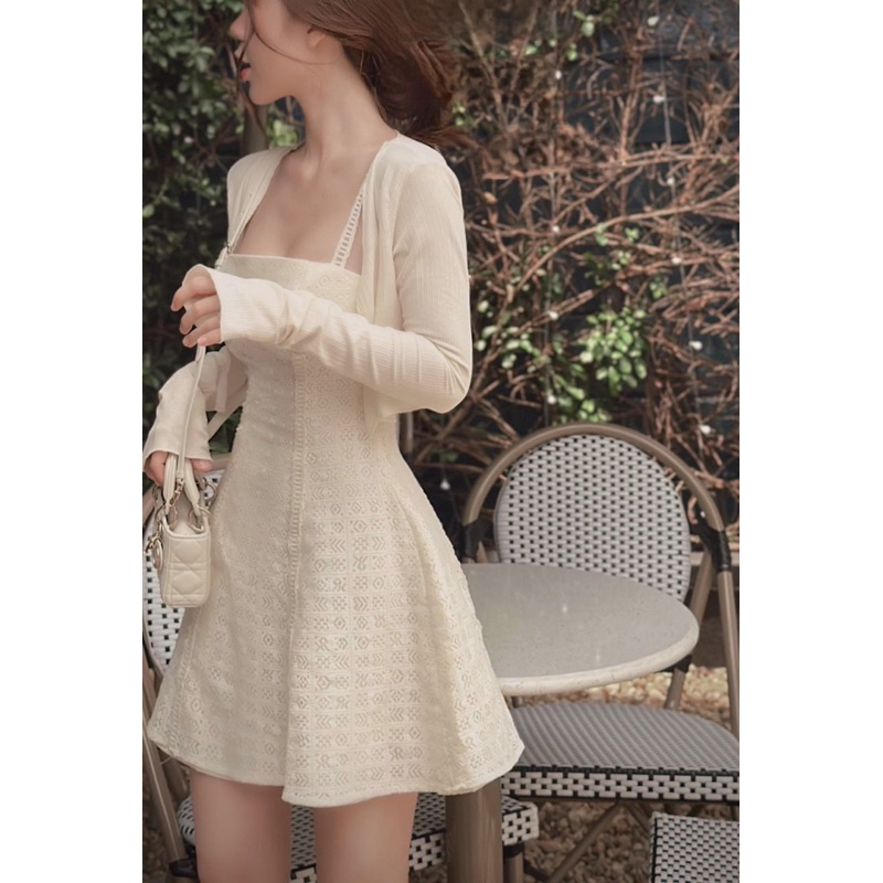Váy ren dây thiết kế phối kèm áo khoát cardigan nhà LEYLA