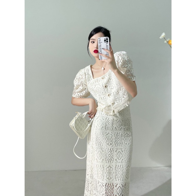 Bộ Áo Sơ Mi Cao Cấp + Chân Váy Xẻ Tà Phong Cách vintage Pháp Thời Trang nhà LEYLA