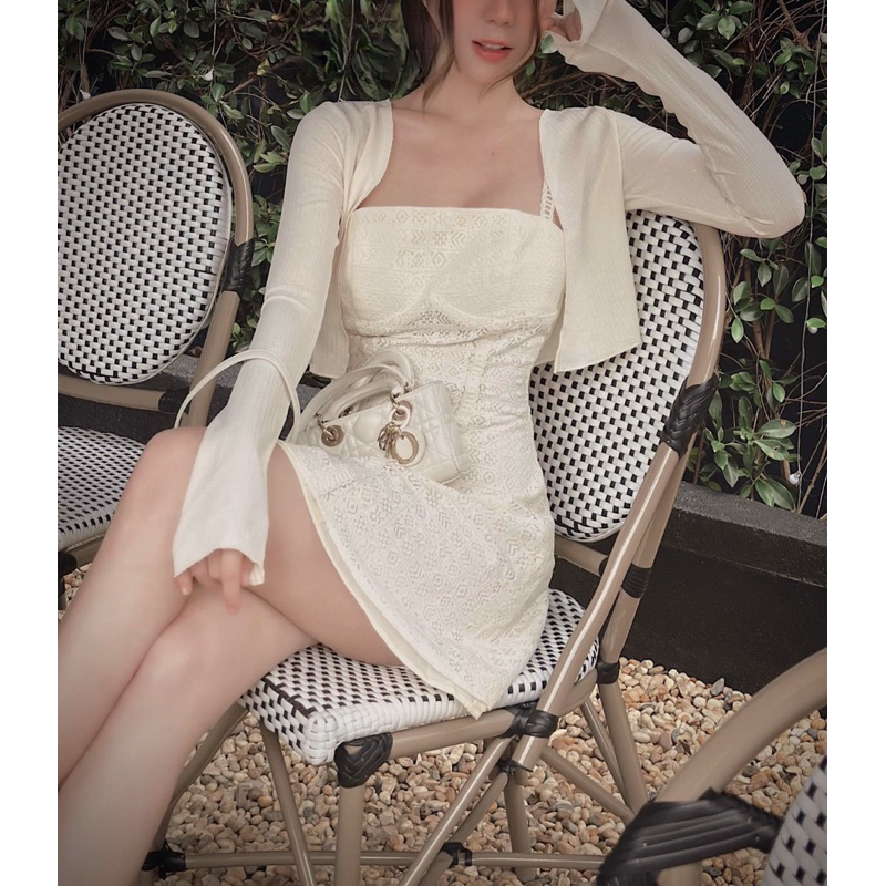 Váy ren dây thiết kế phối kèm áo khoát cardigan nhà LEYLA