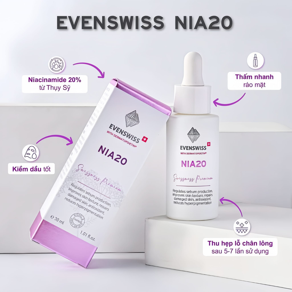 Serum Niacinamide 20% Evenswiss Nia20 tinh chất làm sáng da kiềm dầu chống lão hóa