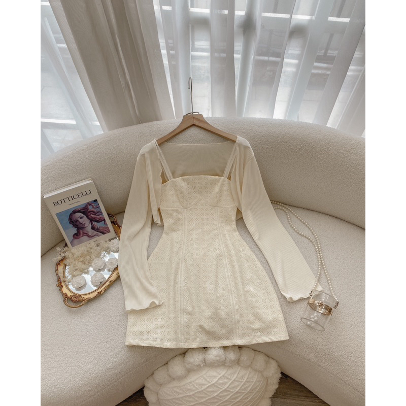 Váy ren dây thiết kế phối kèm áo khoát cardigan nhà LEYLA