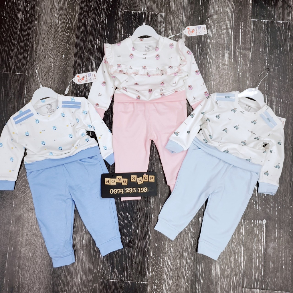 Avaler bộ quần áo dài tay thu đông cổ tròn chui đầu cúc vai cotton nỉ da cá dày vừa mềm cho bé trai gái 9-36 tháng