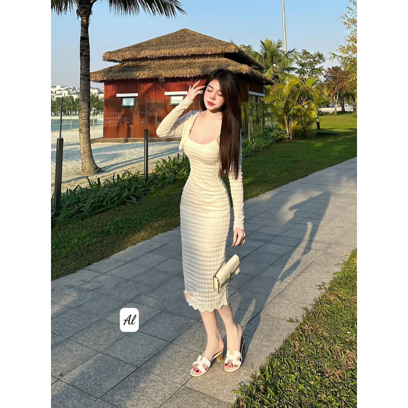 Set đầm body 2 dây viền ren kèm áo khoác croptop Hari Fashion
