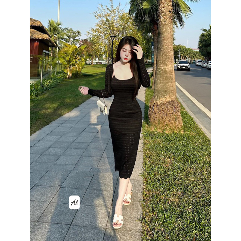 Set đầm body 2 dây viền ren kèm áo khoác croptop Hari Fashion