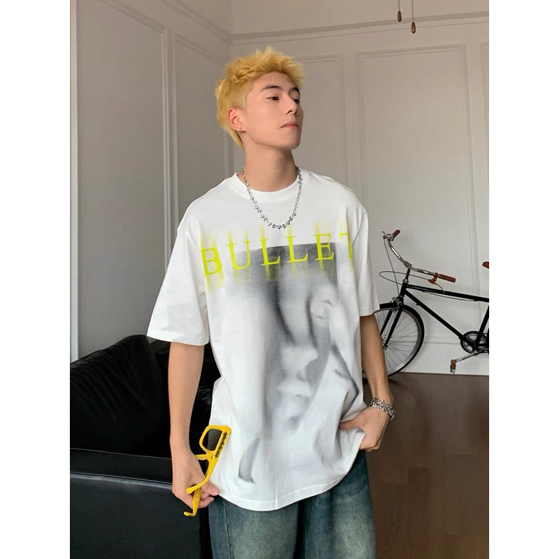Áo thun tay lỡ unisex,in hình Bullet 2 màu trắng đen 100% cotton