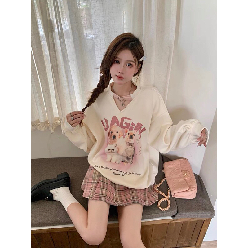 Áo Sweater Cổ Chữ V Có Dây Cài Dáng Rộng, Áo Dài Tay Họa Tiết Phong Cách Đáng Yêu Thời Trang Thu Đông Nữ 2023