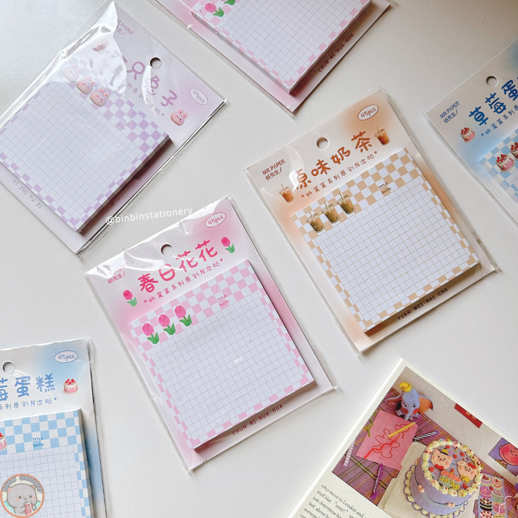 Một sấp 45 tờ giấy note tulip Mr.Paper dày dặn, kẻ caro, có keo dán mặt sau, giấy dày dặn GN04