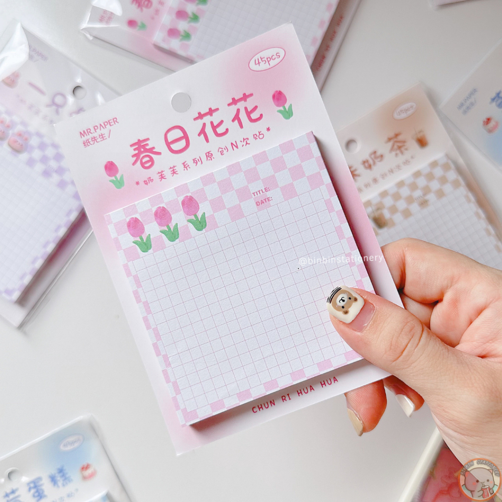 Một sấp 45 tờ giấy note tulip Mr.Paper dày dặn, kẻ caro, có keo dán mặt sau, giấy dày dặn GN04