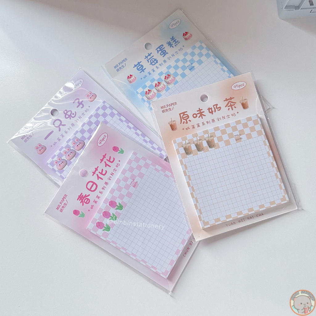 Một sấp 45 tờ giấy note tulip Mr.Paper dày dặn, kẻ caro, có keo dán mặt sau, giấy dày dặn GN04