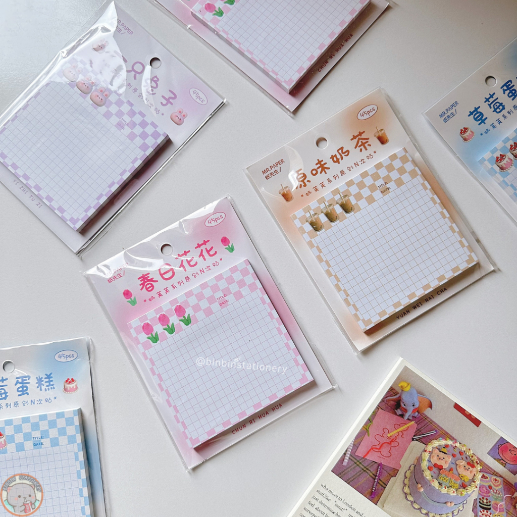 Một sấp 45 tờ giấy note tulip Mr.Paper dày dặn, kẻ caro, có keo dán mặt sau, giấy dày dặn GN04