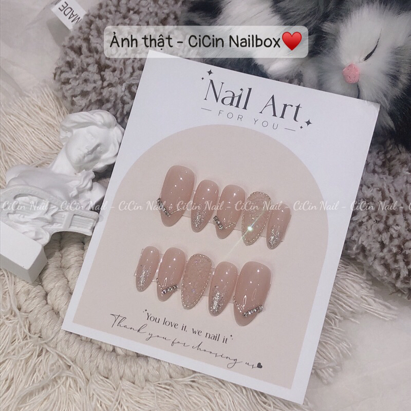CiCin Nailbox / Móng úp Tone Hồng N.ude Đá Rắc Viền Bi (KH đọc kỹ mô tả nha ♥️)