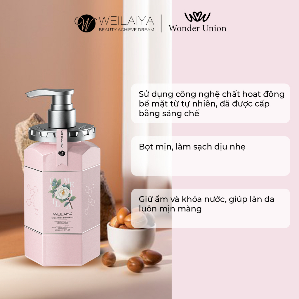 Sữa tắm hoa trà Weilaiya sữa tắm trắng da dưỡng ẩm thơm lâu hương nước hoa chính hãng 450ml