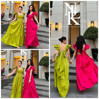 VÁY MAXI TAY CÁNH TIÊN LƯNG CỘT NƠ (màu Xanh bơ/ Hồng cánh sen)
