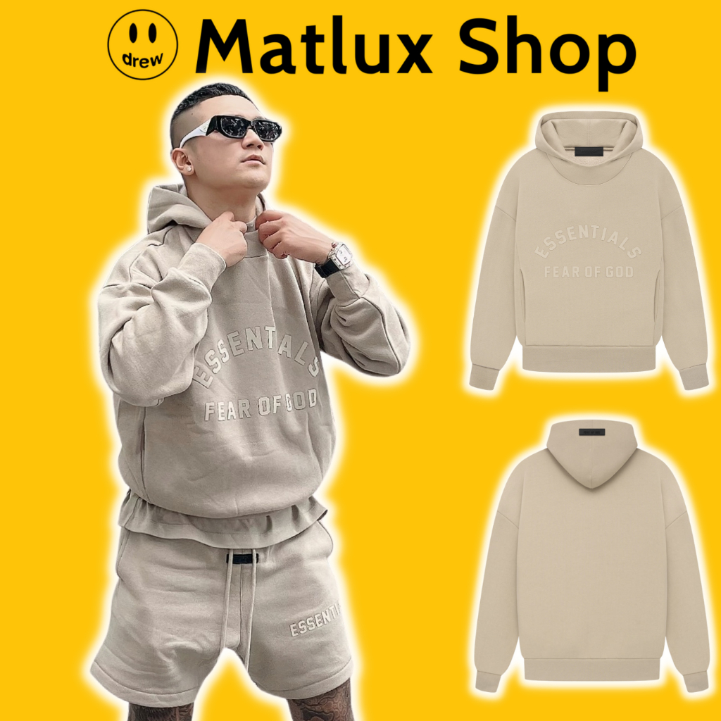 Áo hoodie Fear Of God FOG Essentials SS23 Dusty Beige cao cấp, Áo nỉ Essentials in chữ cao su form rộng