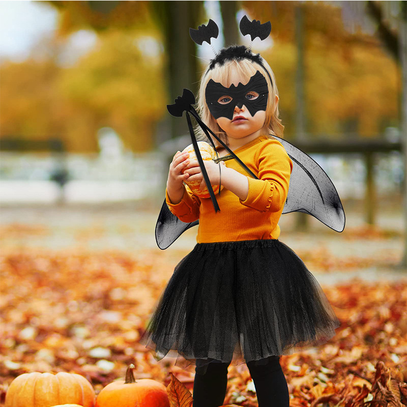 Bộ Váy Xòe Cánh Dơi Đen 4 Chi Tiết Cho Bé Hóa Trang Halloween, Trung Thu, Tiệc Sinh Nhật, Biểu Diễn