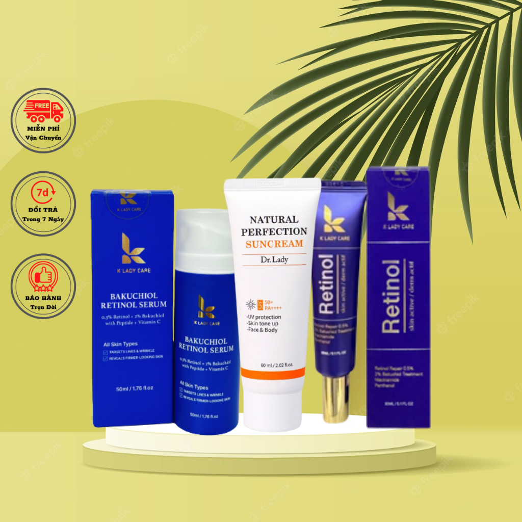 COMBO 3 SẢN PHẨM : KEM DƯỠNG . RETINOL &amp; SERUM . BAKUCHOIL . RETINOL, KEM CHỐNG NẮNG. Dr.LADY SUNCREM