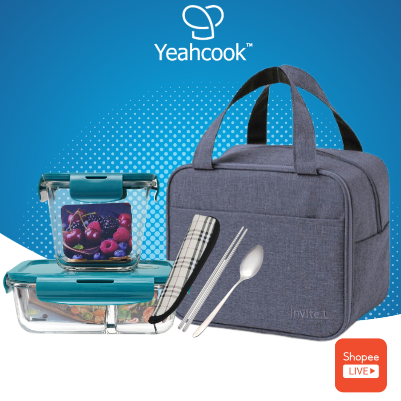 Bộ hộp đựng cơm thủy tinh chia ngăn cao cấp kèm túi giữ nhiệt Yeahcook Glass Lunch Box