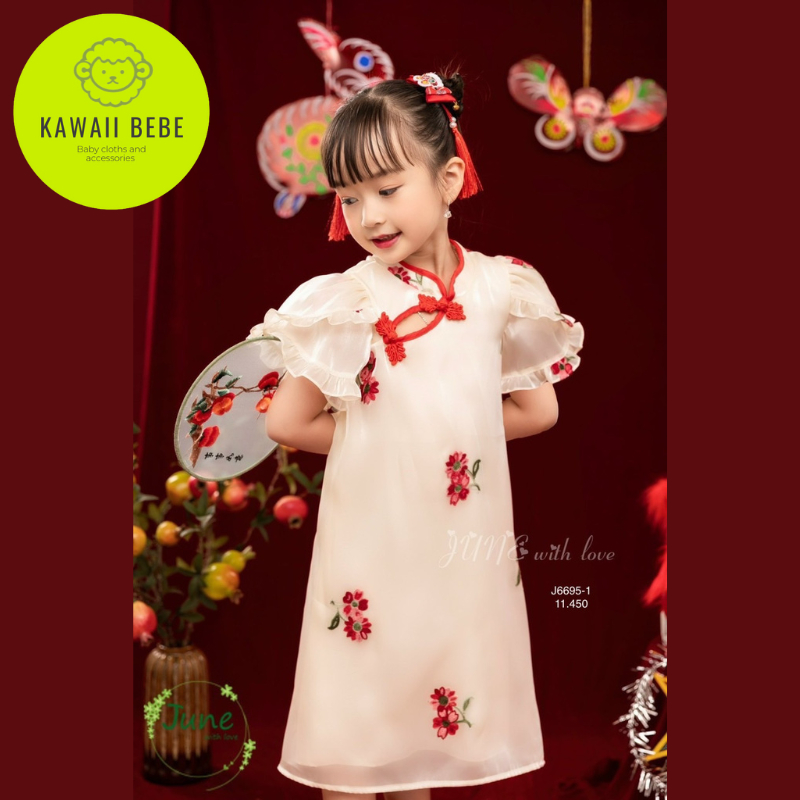 Váy tết thêu hoa cho bé gái hàng thiết kế cao cấp Kabekids