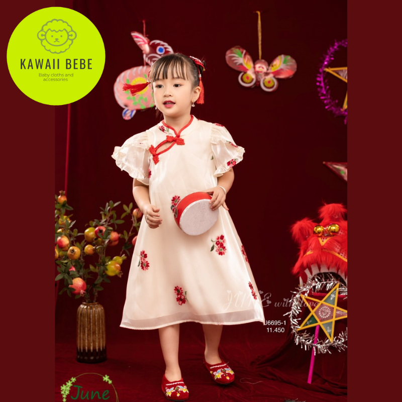 Váy tết thêu hoa cho bé gái hàng thiết kế cao cấp Kabekids