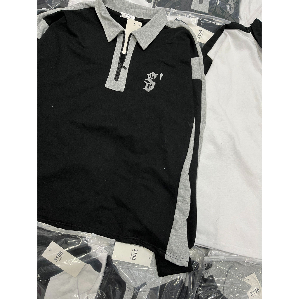 Áo sweater Polo unisex dáng rộng, dài tay nỉ da cá 2 màu trắng đen