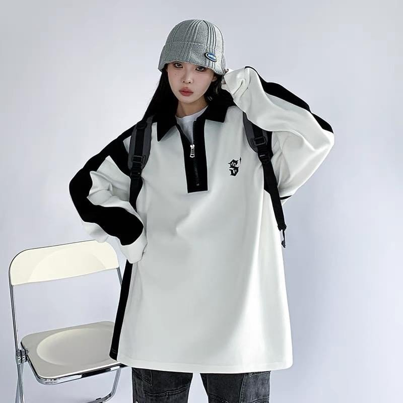 Áo sweater Polo unisex dáng rộng, dài tay nỉ da cá 2 màu trắng đen