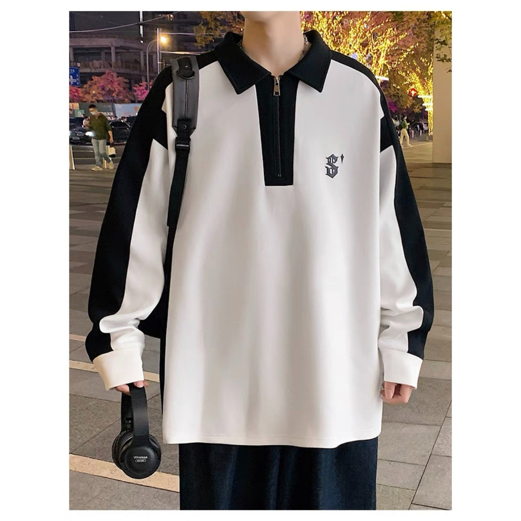 Áo sweater Polo unisex dáng rộng, dài tay nỉ da cá 2 màu trắng đen