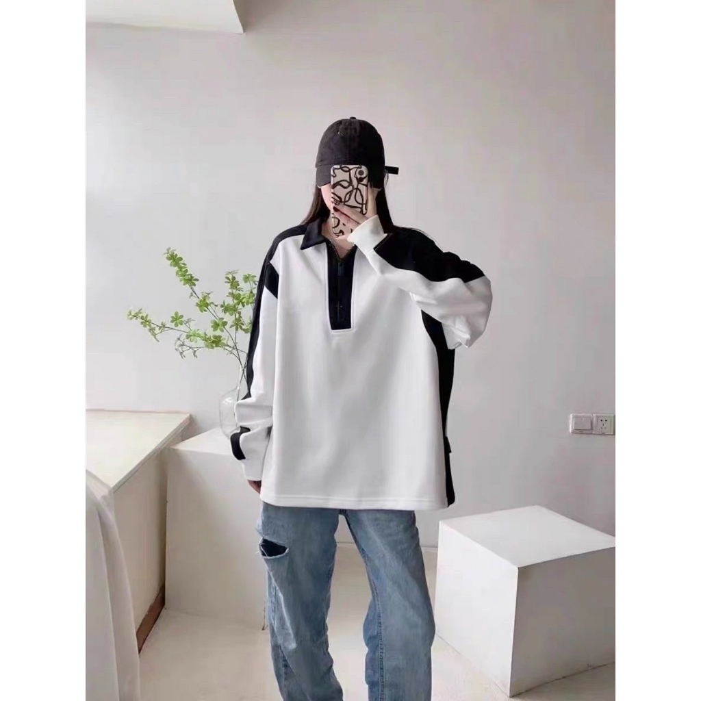 Áo sweater Polo unisex dáng rộng, dài tay nỉ da cá 2 màu trắng đen