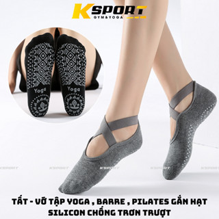Tất - Vớ Tập Yoga , barre , pilates gắn hạt silicon chống trơn trượt quai chéo kín ngón ( 1 đôi )