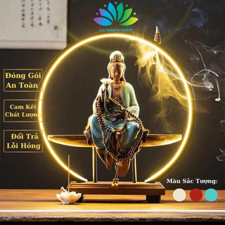 Kệ trầm hương tượng quan âm bồ tát gốm tử sa có đèn led hào quang, kệ gỗ decor phong thủy an nhiên