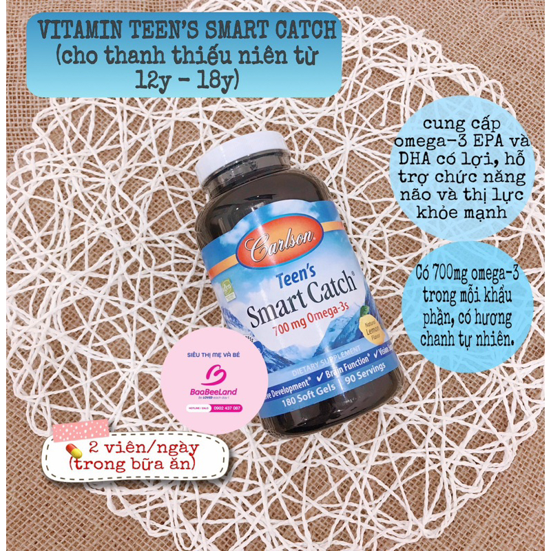 Vitamin Omega-3 EPA và DHA Carlson Teen’s Smart Catch dành cho thiếu niên từ 12 tuổi - BAABEELAND