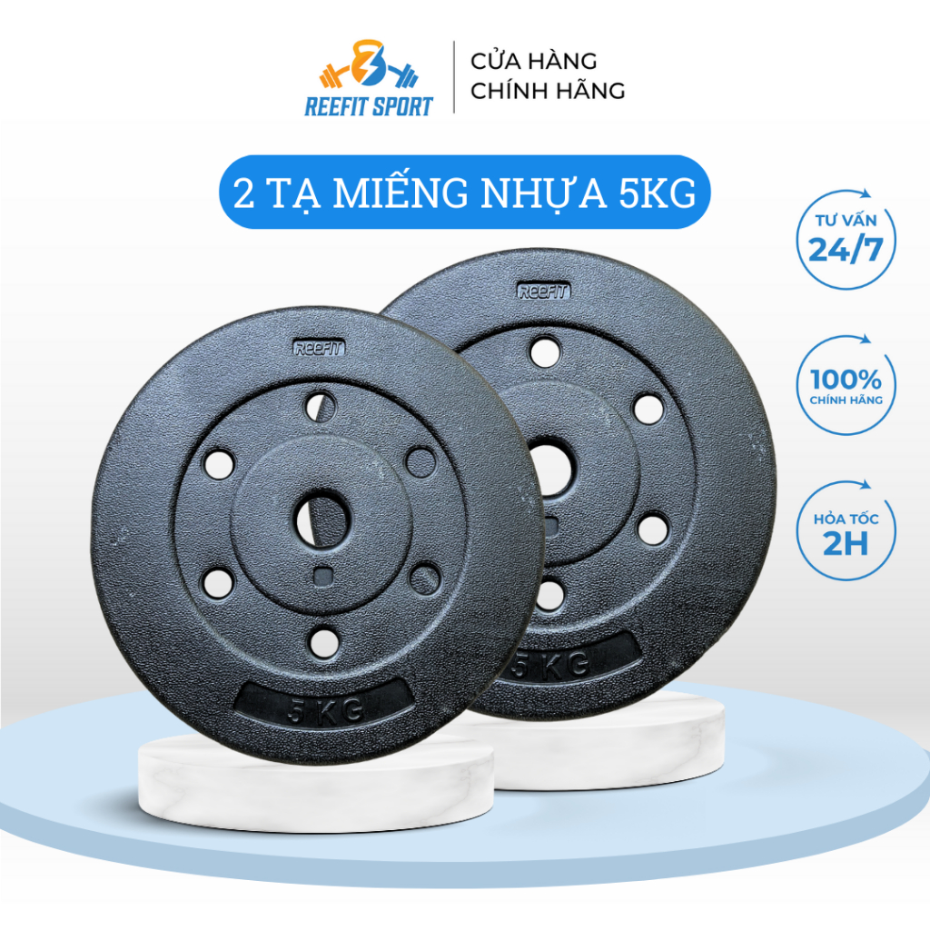 Bộ 2 tạ miếng nhựa Reefit 5kg màu đen có ruột (gồm 2 tạ)