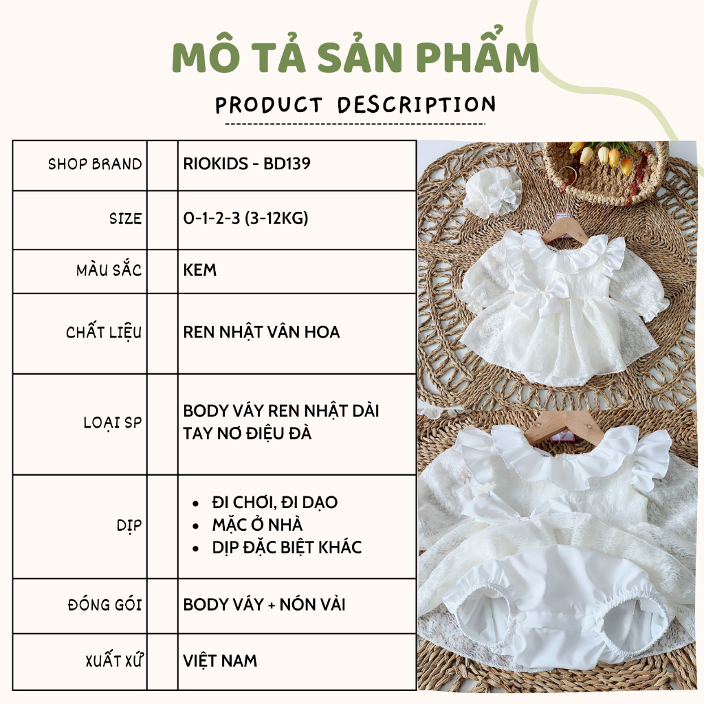 Body váy ren kem RIOKIDS cho bé gái sơ sinh, đầm công chúa thôi nôi, sinh nhật, đi chơi Lễ Tết BD139
