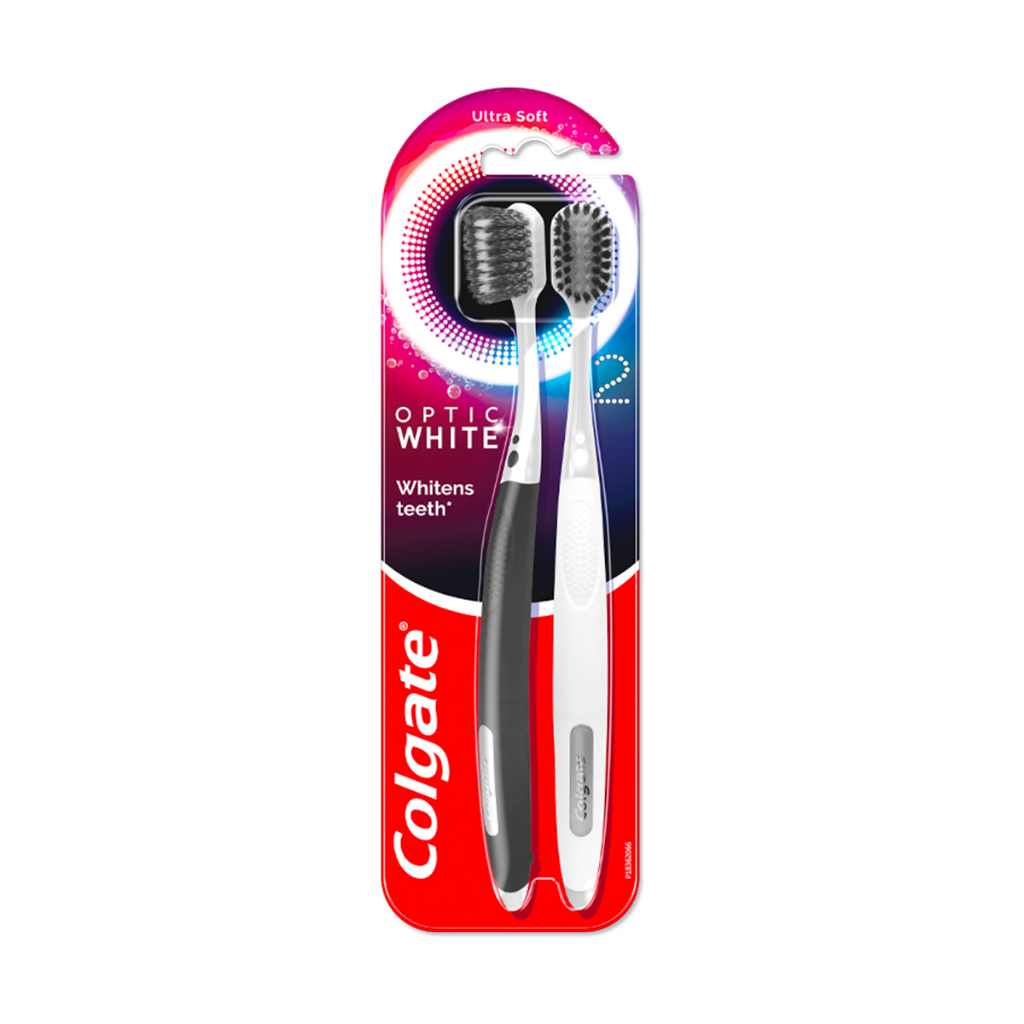 Bộ 2 bàn chải Colgate trắng răng Optic White với lông chải 2 tầng sạch vượt trội, loại bỏ vết ố