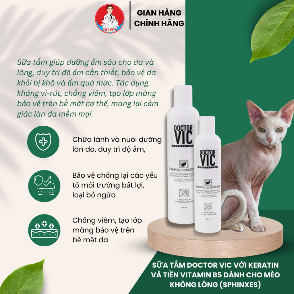 Sữa tắm dành cho mèo không lông (SPHINXES) Doctor VIC với keratin và tiền vitamin B5