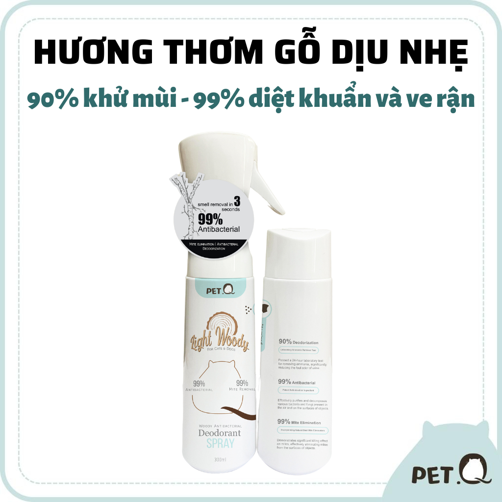 Bình xịt khử mùi thú cưng PetQ, Bình xịt khử mùi diệt khuẩn hương gỗ, Set bình & lõi thay, Chiết xuất thiên nhiên, 300ml