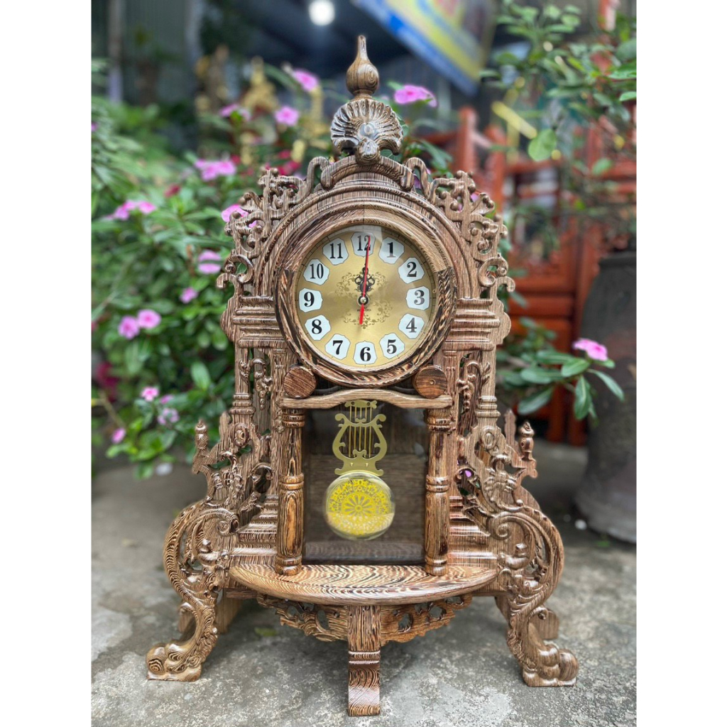 Đồng hồ để bàn gỗ mun đuôi công