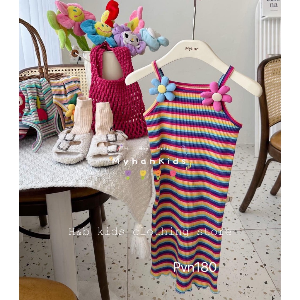 Váy kẻ dáng body 2 dây cho bé yêu đính hoa dễ thương