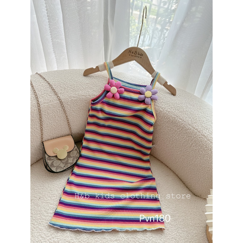 Váy kẻ dáng body 2 dây cho bé yêu đính hoa dễ thương