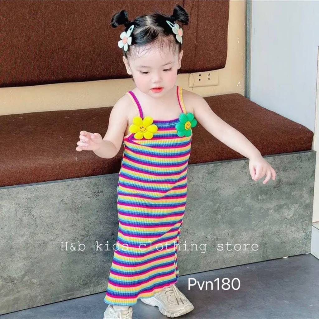 Váy kẻ dáng body 2 dây cho bé yêu đính hoa dễ thương