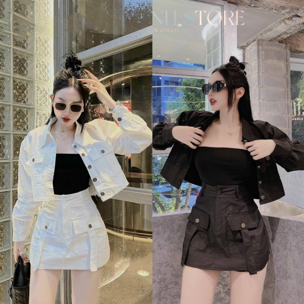 Set bộ đồ nữ 3 món áo khoác croptop kèm lót mix chân váy chữ A siêu hot dành cho các nàng yêu diện đi phố, đi chơi