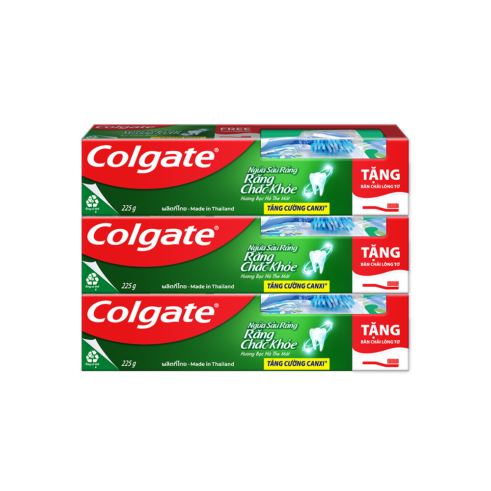 Bộ 3 Kem đánh răng Colgate ngừa sâu răng răng chắc khỏe 225g/tuýp tặng bàn chải