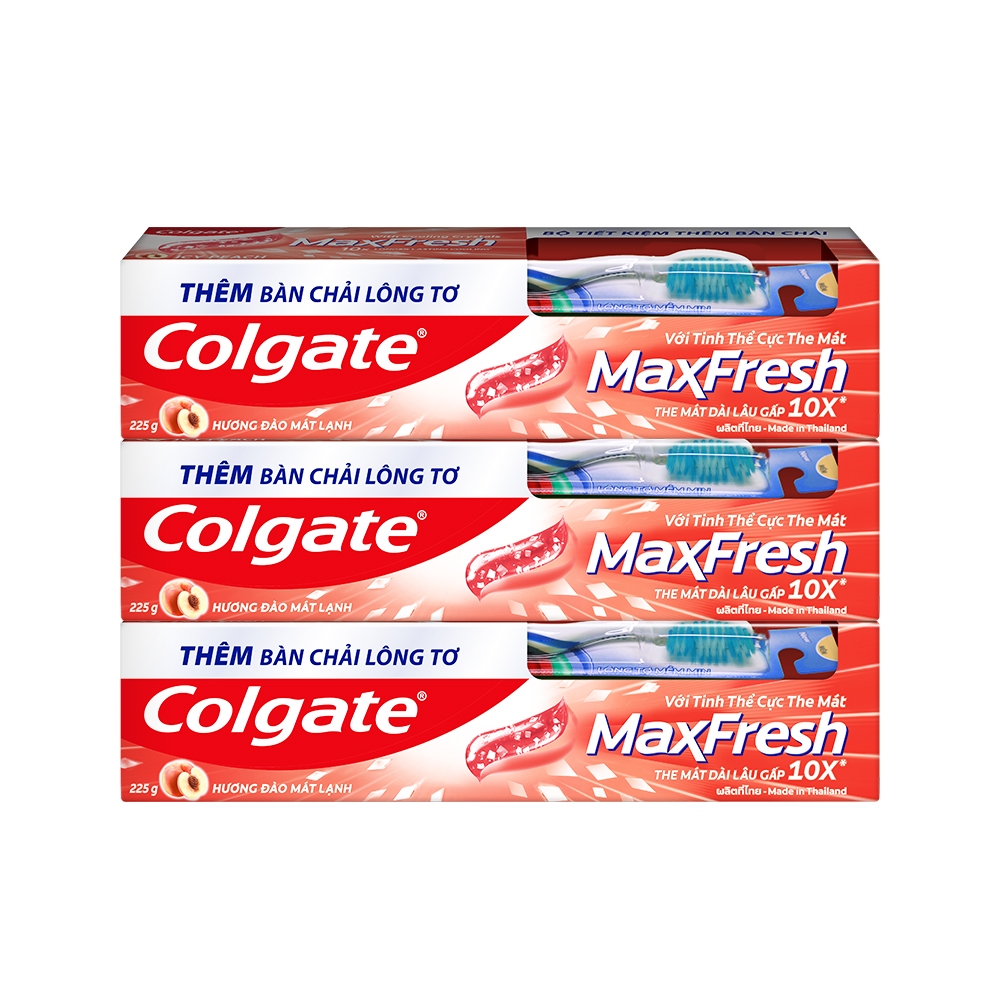 Bộ 3 Kem đánh răng Colgate MaxFresh Hương Đào Mát Lạnh 225g kèm bàn chải